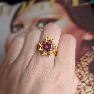 Trifari Mid Century gold Plated Purple CZ Ring
